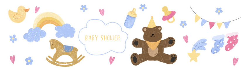 Baby shower collection of vector elements. Cute clip art illustrations, perfect for greeting cards, invitations, banners, posters, textile, covers. 