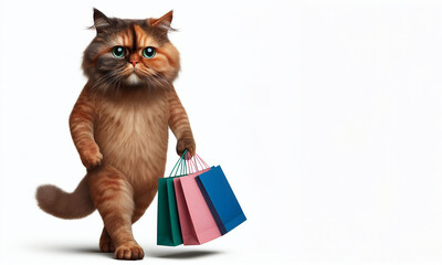Portrait of anthropomorphic cute cat with shopping bags isolated on white background