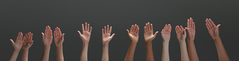 Image of teenager's, children's hands shows palms against grey background. Hands raising up....