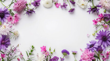 Purple, pink and white fresh spring flowers forming a frame on white background, copy space elegant greeting card
