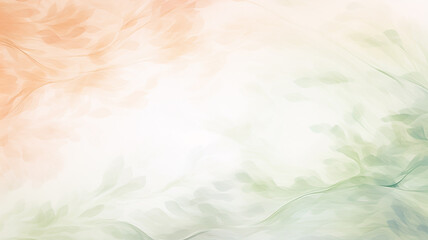 Abstract green and peach background with foliage in watercolor style