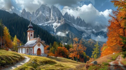 church nestled in the mountains, surrounded by trees and a clear blue sky