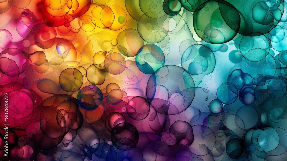 Poster Varied colors blend together on a textured surface, interspersed with bubbles of different sizes and hues, creating a vibrant and dynamic abstract background