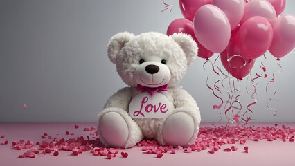 Lovely white teddy bear with beautiful pink roses on pink background
