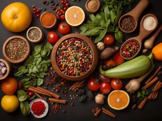 Panorama banner with fresh culinary herbs and spices on a chopping board with a pestle and mortar surrounded by fresh vegetables for salads