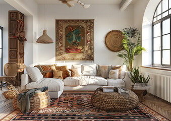 The boho-chic style living room interior design delights with its freedom and lightness.