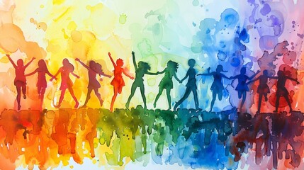 Group of People Holding Hands in Front of Rainbow Colored Background