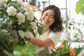 South East Asian florist happy at work in a beautiful shop, crisp and bright feel, small business, flowers and plants