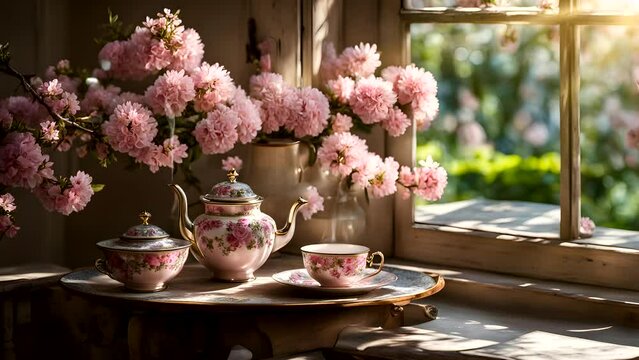 still life with flowers and butterfly in the window
