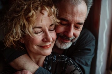 A loving 50-year-old pair finds unity through a comforting embrace.. Beautiful simple AI generated image in 4K, unique.