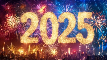 Spectacular 2025 New Year banner with  Illuminated City Skyline With Fireworks Display