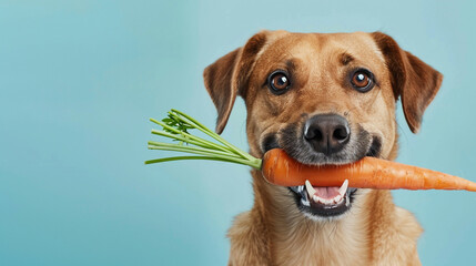 Closeup portrait of dog with carrot in mouth, healthy vegan food concept, copy space for text