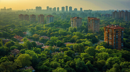 Urban expansion into the forest captured in a detailed view from bustling city forefront to pristine natural background, depicting the clash between human growth and nature..