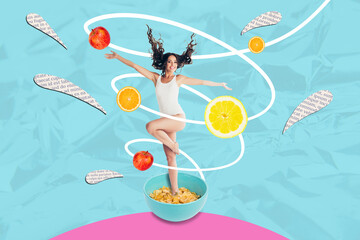 Artwork collage of blue color doodle line draw model young woman stand in breakfast cornflakes keep...