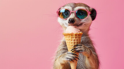 Studio portrait of anthropomorphic meerkat with sunglasses eating ice cream and standing isolated on pink background, copy space for text
