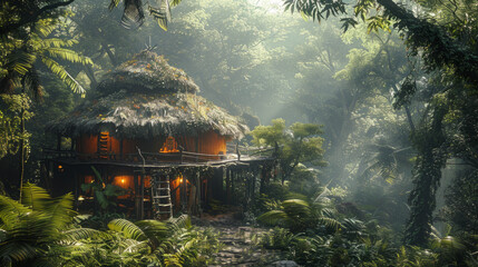 A cozy thatched hut nestles in the forest, its lights a beacon of sustainable living, with looming threats of deforestation nearby