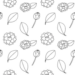 White camellia seamless pattern vector illustration, hand drawn doodles
