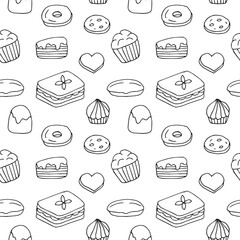 Cakes seamless pattern vector illustration, hand drawn doodles