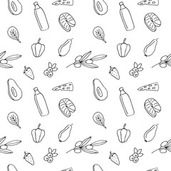 Healthy eating seamless pattern vector illustration, hand-drawn doodles