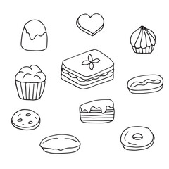 Cakes set vector illustration, hand drawn doodles