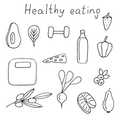 Healthy food set vector illustration, hand drawn doodles