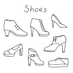 Shoes set vector illustration, hand drawn doodles