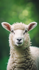 Fototapeta premium Eid ul Adha concept, A beautiful, cute sheep against a lush green background. Eid celebration