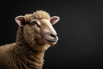 Eid ul Adha concept, A beautiful, cute sheep against a sleek black background. Eid celebration
