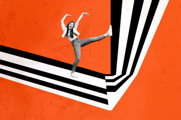 Artwork composite collage of orange color black white line element silhouette fashion active funky dance move young lady walk step posing - Powered by Adobe