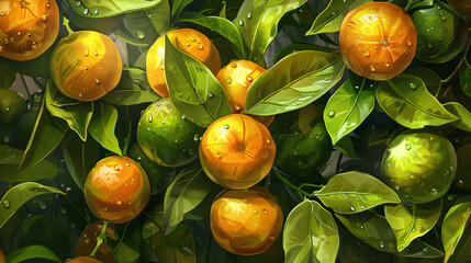 Ripe and green tangerines with green leaves