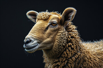 Fototapeta premium Eid ul Adha concept, A beautiful, cute sheep against a sleek black background. Eid celebration