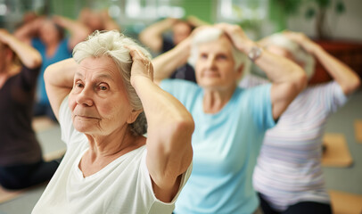 Elderly woman participating in movement exercises during a group aerobic fitness class at a seniors' home..Active elderly lifestyle concept related to retirement and the healthcare industry