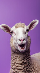 Obraz premium Eid ul Adha concept, A beautiful, cute sheep against a stunning purple background. Eid celebration
