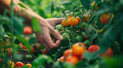 Harvesting Fresh Tomatoes: Close-Up of Hands in Vegetable Garden. Generative AI.