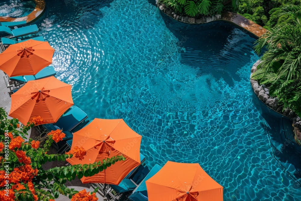 Poster aerial view of pool with orange umbrellas