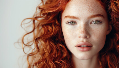 Fashion portrait of a red-haired Caucasian teenage girl with green eyes and red lipstick, against a white background. Captures the concept of natural beauty in people