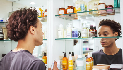 Handsome Young man during morning bathroom routine choosing  scin moisture cosmetic and another healthy suppliers for day starting. Men's cosmetics and healthy skin concept.