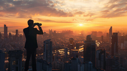 Fototapeta premium Silhouette of a Businessman Gazing at City Skyline Through Binoculars