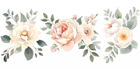 Blush pink roses and sage greenery, ivory peony, magnolia, cream dahlia, ranunculus flowers, eucalyptus vector collection. Floral pastel watercolor wedding set.