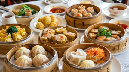A diverse assortment of vibrant Chinese Dim Sum dishes laid out on a lavish table
