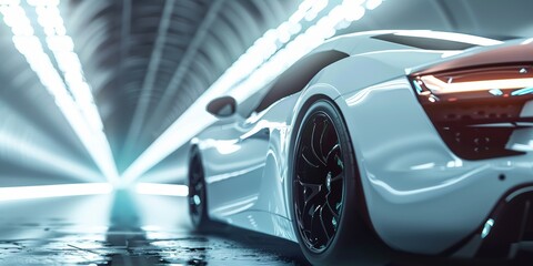 Futuristic white sports car in a dynamic tunnel with vibrant blue lights and motion blur effect.