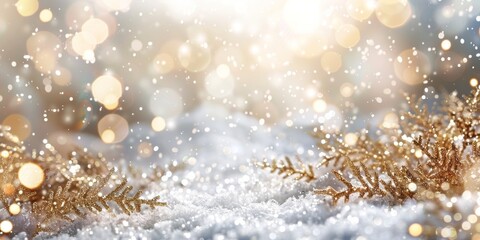 Golden snowflakes on shimmering snowy background with glowing bokeh lights