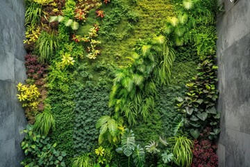 A vibrant green wall adorned with a plethora of lush plants, providing a mesmerizing and natural display of beauty and life