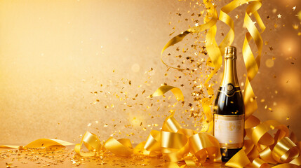 Celebration background with golden champagne bottle, confetti stars and party streamers on yellow...