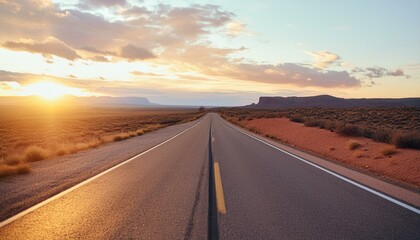 Naklejka premium american long quiet open road visible for miles first person view at sunset no traffic