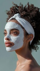 Fototapeta premium woman with curly hair and moisturizing face mask on the face, self-care at home, concept