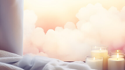 Burning candles near the window against the background of clouds, a postcard in pastel colors with a cozy atmosphere