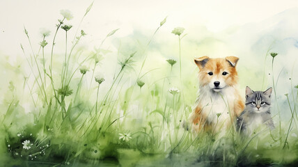 A dog and a cat are sitting in the grass in a meadow among flowers on a watercolor green background