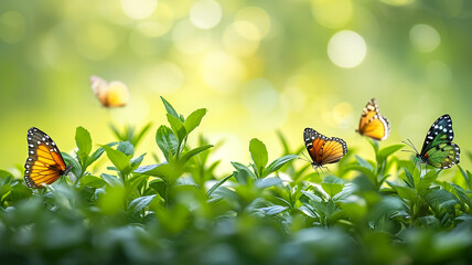 Butterflies fly among the spring green leaves of plants in the sunlight close-up