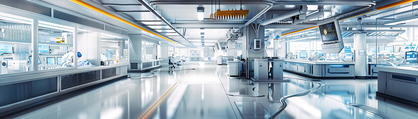 Biohazard Research Facility Floor: Featuring containment units, specimen analysis labs, decontamination chambers, and researchers studying infectious diseases